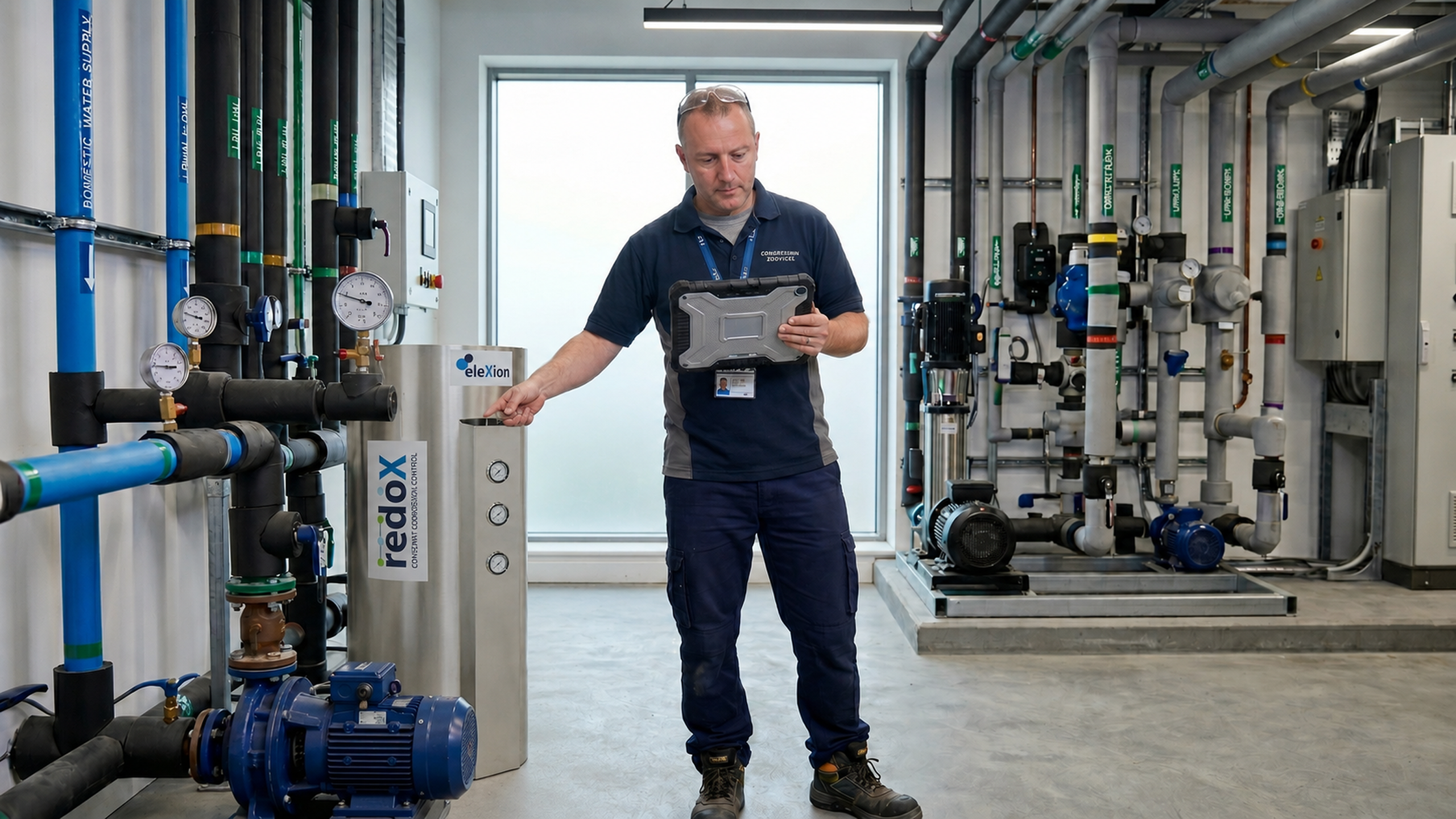Engineer in Plant Room with Tablet and redox installed
