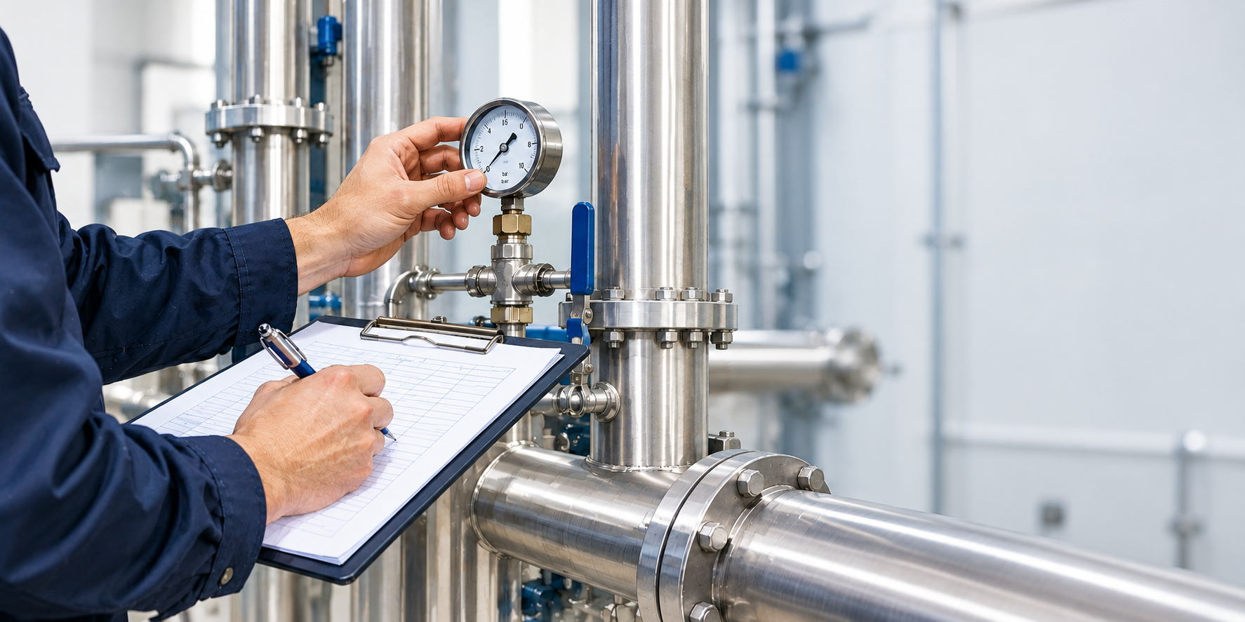Engineer in plantroom checking pressures